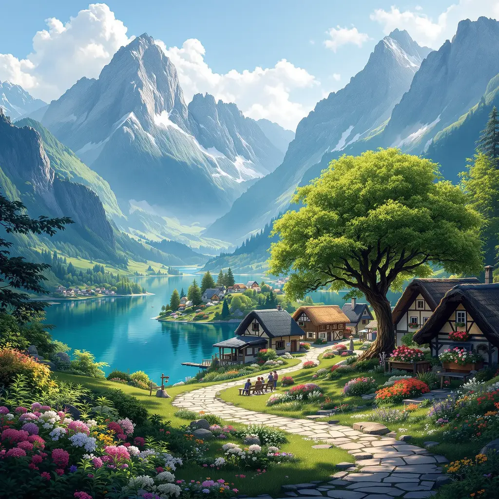 Промпт Flux для генерации изображения фэнтезийной деревни
